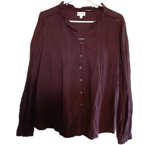 Wonderly Blouse LARGE Long Sleeve Burgandy Pullover Button Accent 100% Cotton